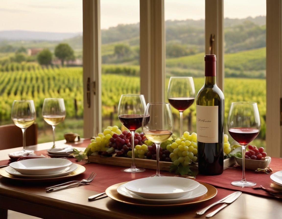 A beautifully set dining table featuring elegant dinnerware, glassware filled with red and white wine, and an array of gourmet dishes artfully arranged. A subtle backdrop of wine bottles and a vineyard landscape through a window, with soft candlelight enhancing the ambiance. The scene radiates sophistication and culinary delight. super-realistic. warm colors. soft focus.