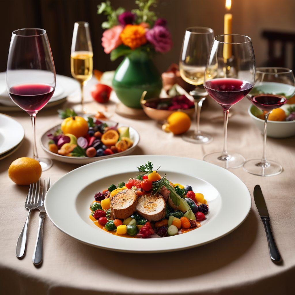 A beautifully set dining table featuring an elegant plate with a vibrant culinary dish showcasing artful flavor pairings, surrounded by colorful ingredients artistically displayed around the plate, soft ambient lighting creating a warm and inviting atmosphere, a hint of fine wine glasses in the background. super-realistic. vibrant colors. soft focus.