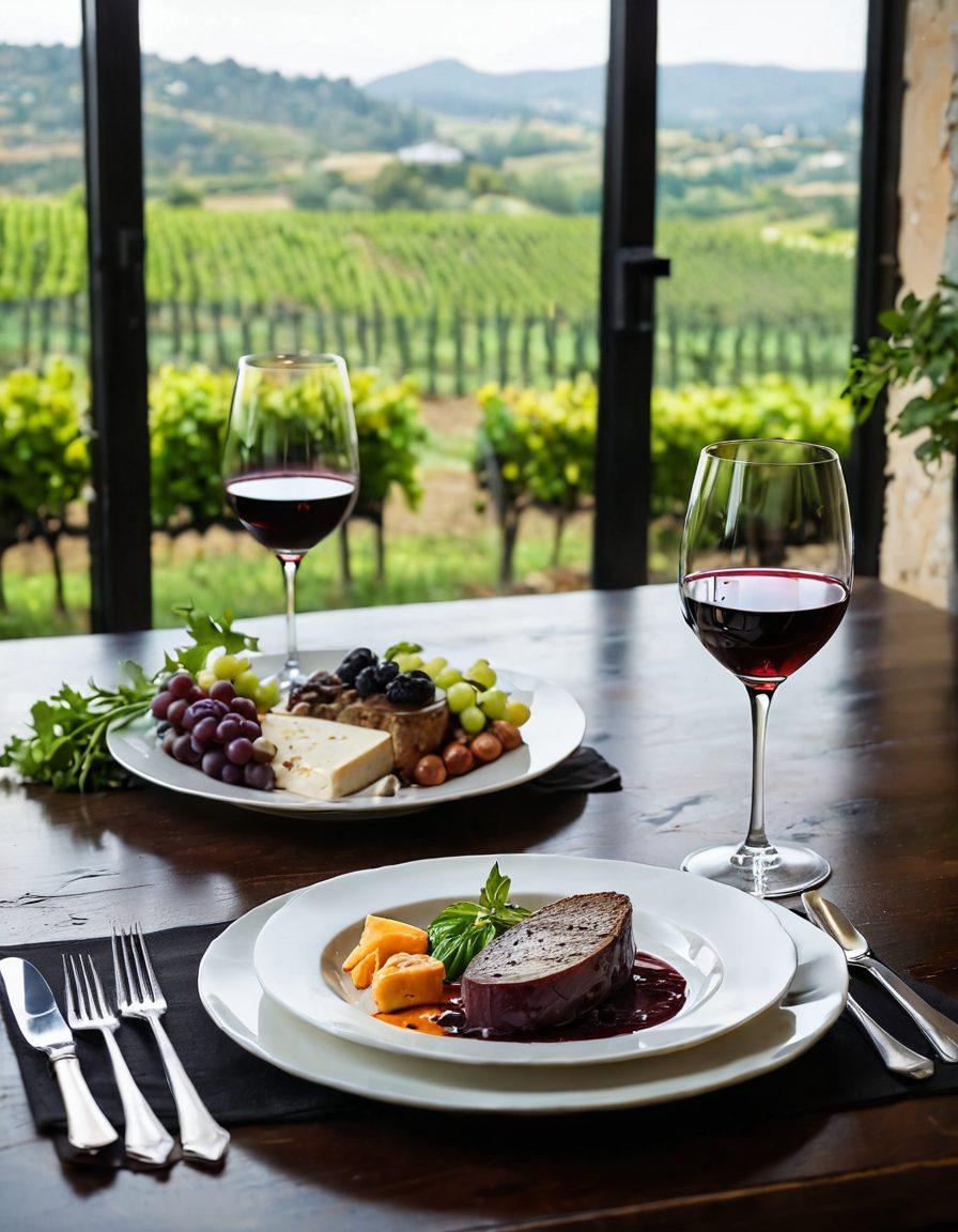 A beautifully arranged table setting with an elegant glass of red wine beside an artfully plated gourmet meal, showcasing vibrant colors and textures of the food. Soft ambient lighting enhances the atmosphere, with a backdrop of lush vineyards visible through a window. Include hints of fresh herbs and cheese on the table for added detail. super-realistic. vibrant colors. soft focus.